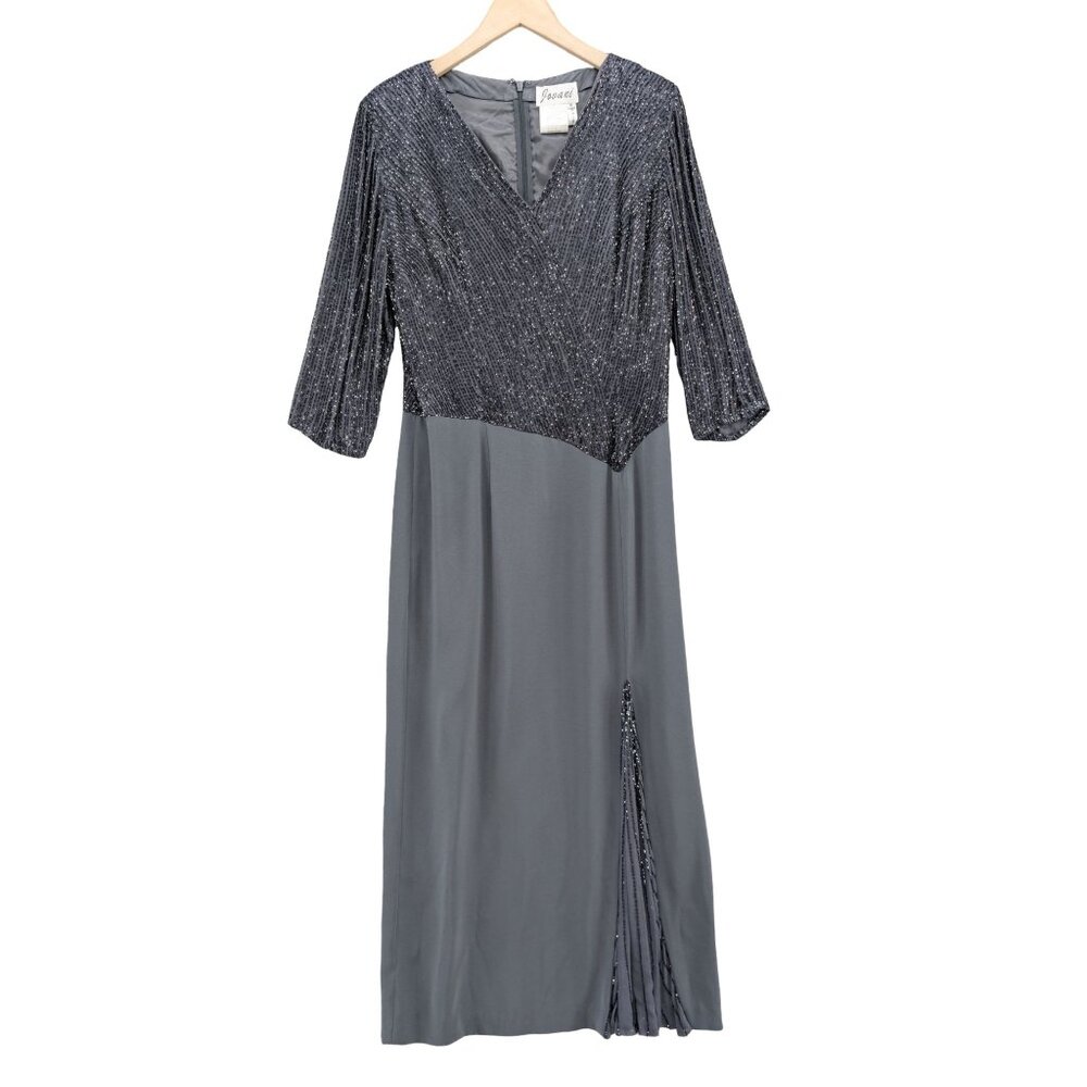 Jovani Formal Gown Maxi Dress Gunmetal Grey Beaded Bodice 3/4 Sleeve VNeck Sz 16